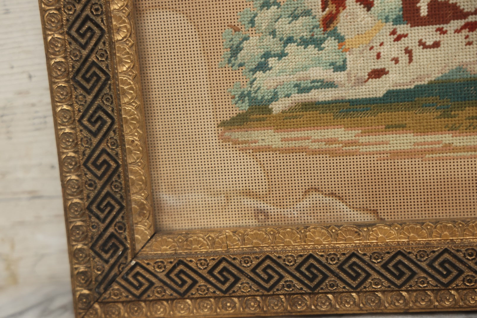 Lot 014 - Antique Punchwork Embroidery Country Scene With Running Dogs In Greek Key Gesso Frame, Note Staining, 18-1/2" x 14-1/2"