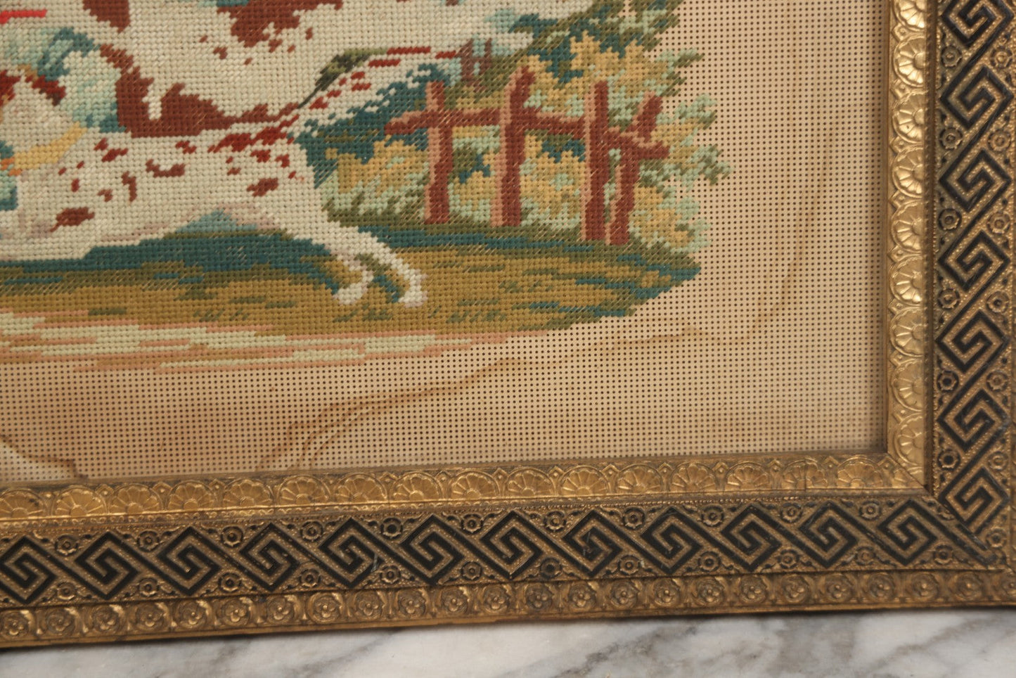 Lot 014 - Antique Punchwork Embroidery Country Scene With Running Dogs In Greek Key Gesso Frame, Note Staining, 18-1/2" x 14-1/2"