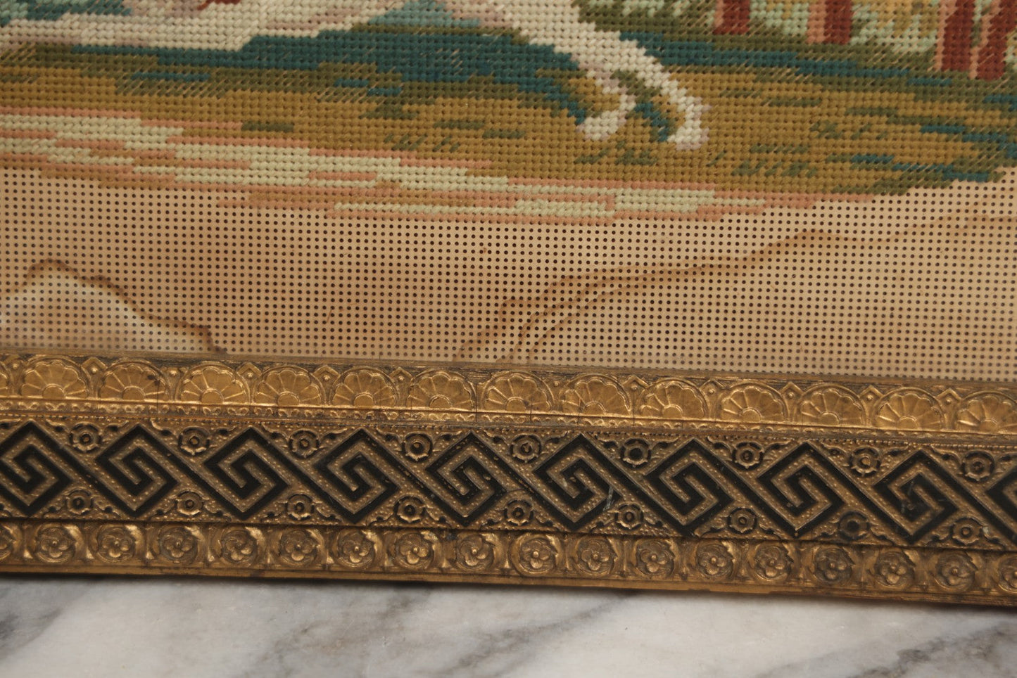 Lot 014 - Antique Punchwork Embroidery Country Scene With Running Dogs In Greek Key Gesso Frame, Note Staining, 18-1/2" x 14-1/2"