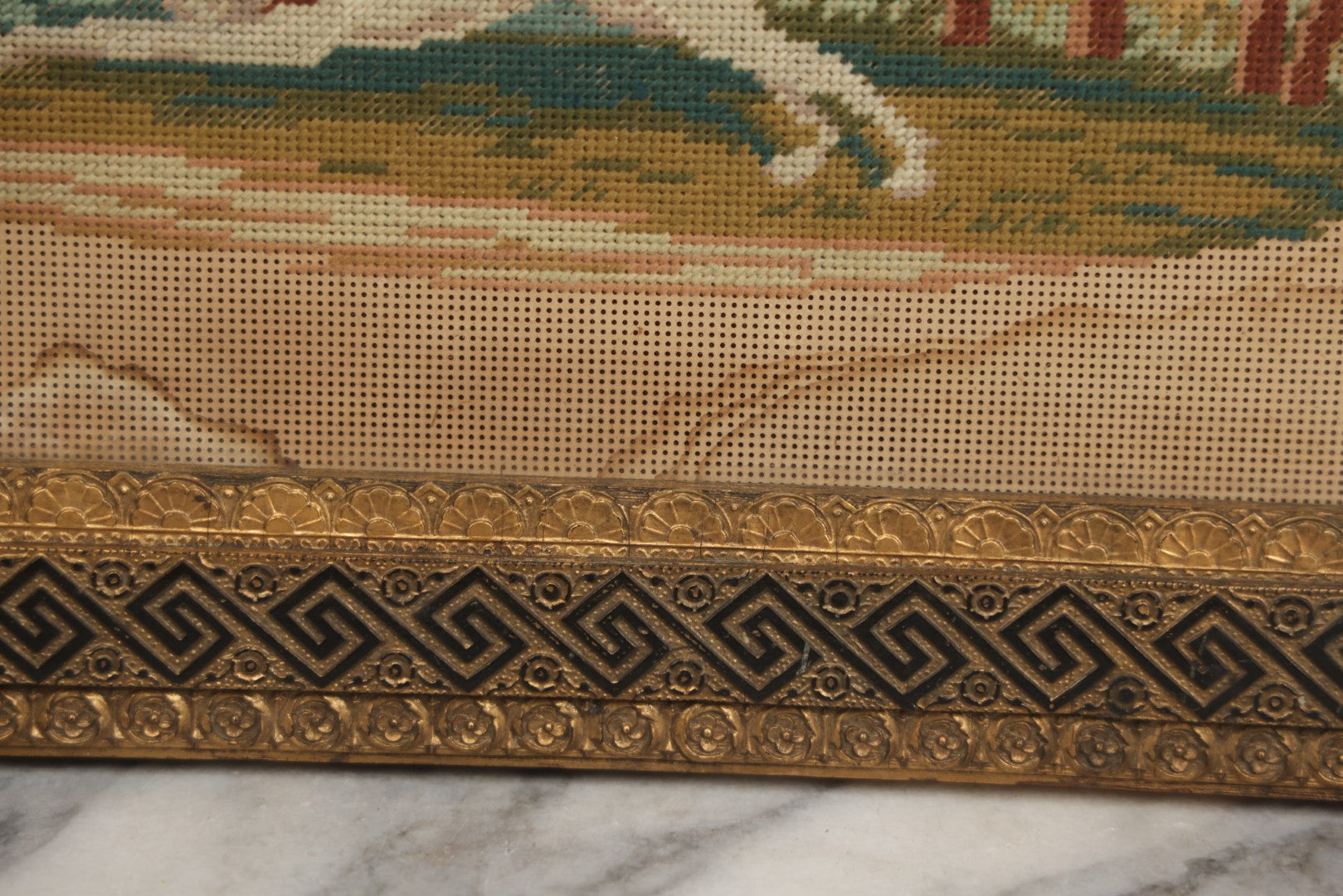 Lot 014 - Antique Punchwork Embroidery Country Scene With Running Dogs In Greek Key Gesso Frame, Note Staining, 18-1/2" x 14-1/2"