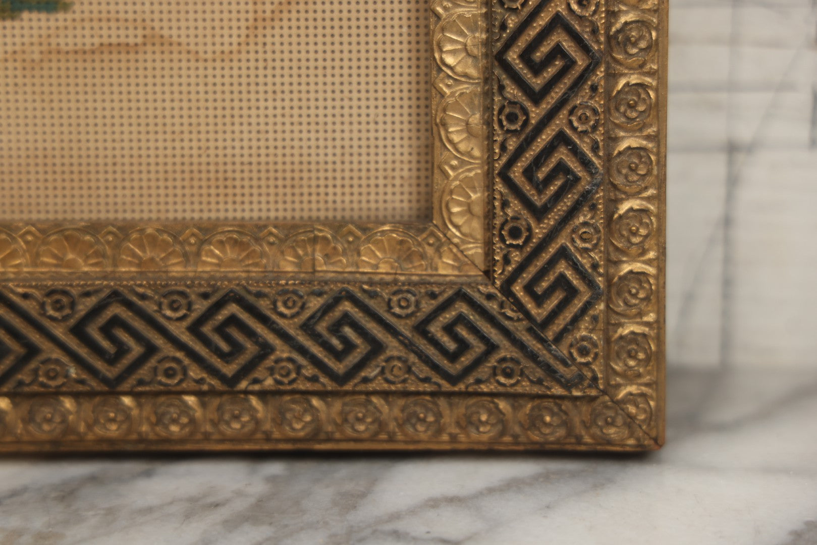 Lot 014 - Antique Punchwork Embroidery Country Scene With Running Dogs In Greek Key Gesso Frame, Note Staining, 18-1/2" x 14-1/2"