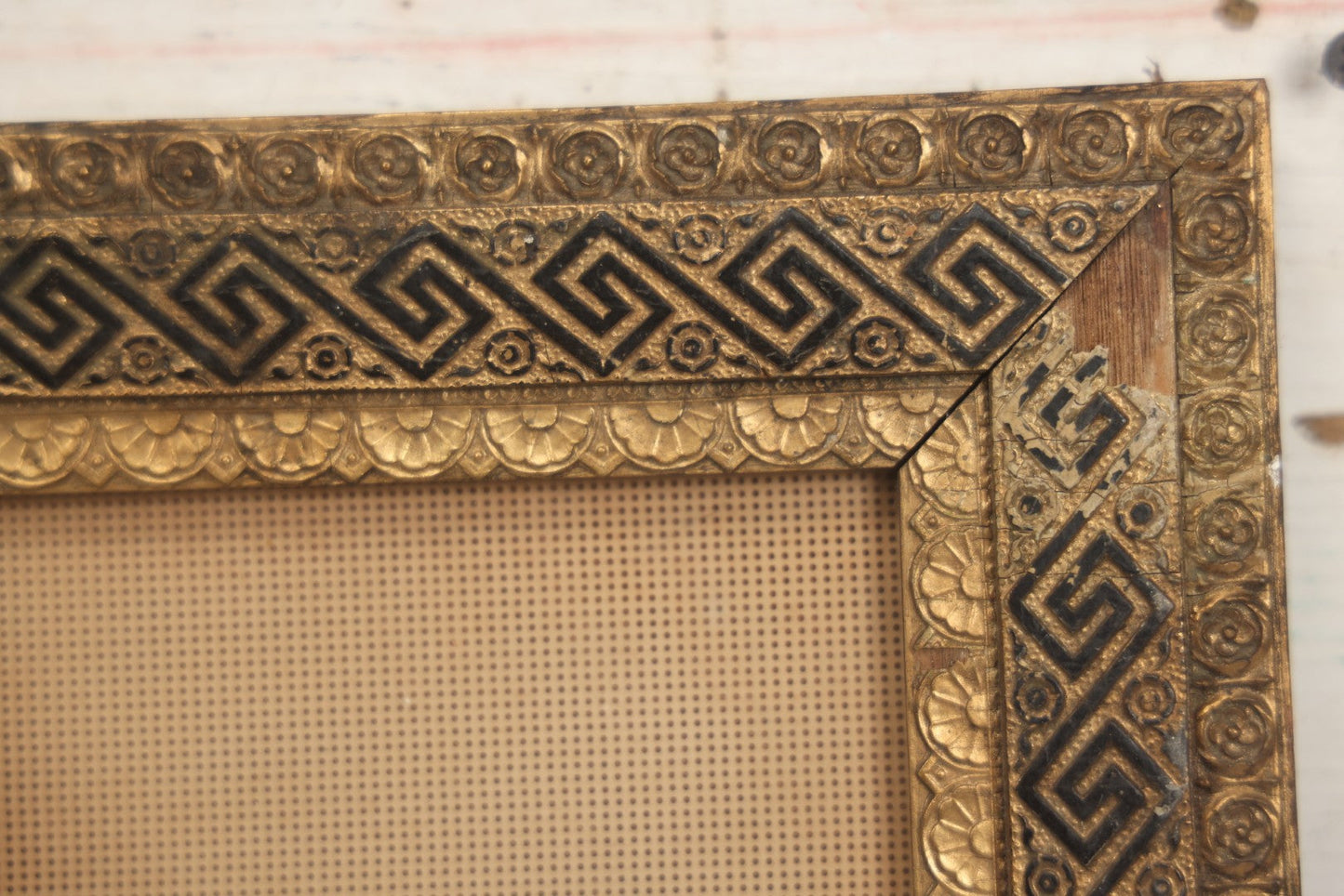 Lot 014 - Antique Punchwork Embroidery Country Scene With Running Dogs In Greek Key Gesso Frame, Note Staining, 18-1/2" x 14-1/2"