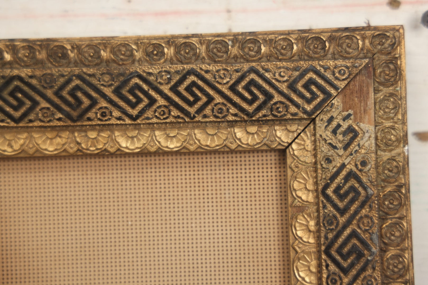 Lot 014 - Antique Punchwork Embroidery Country Scene With Running Dogs In Greek Key Gesso Frame, Note Staining, 18-1/2" x 14-1/2"