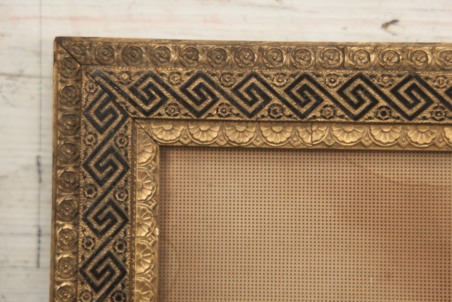 Lot 014 - Antique Punchwork Embroidery Country Scene With Running Dogs In Greek Key Gesso Frame, Note Staining, 18-1/2" x 14-1/2"