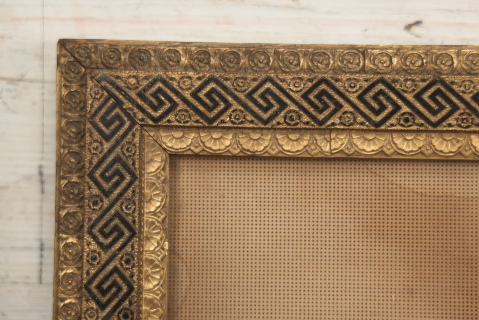 Lot 014 - Antique Punchwork Embroidery Country Scene With Running Dogs In Greek Key Gesso Frame, Note Staining, 18-1/2" x 14-1/2"