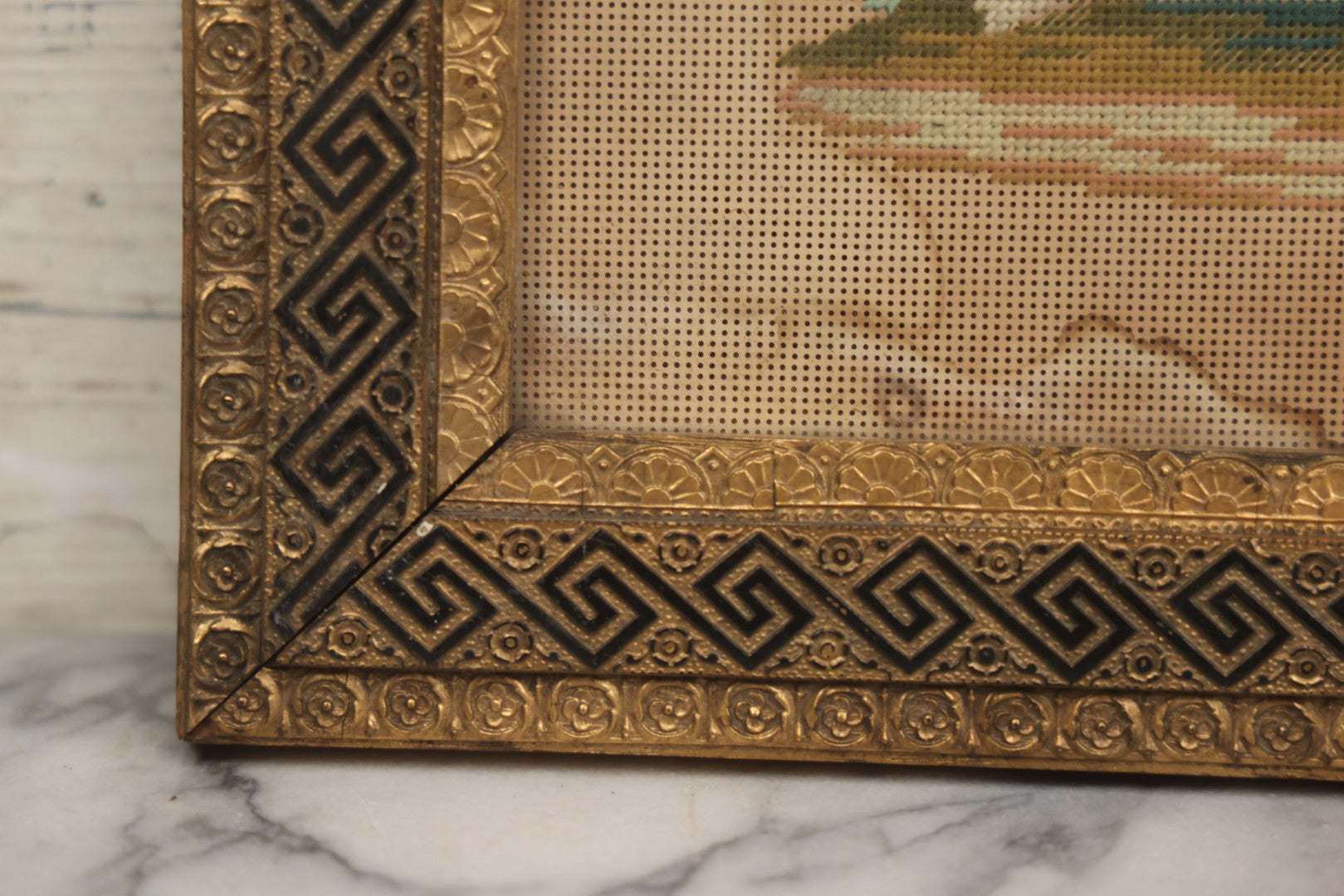 Lot 014 - Antique Punchwork Embroidery Country Scene With Running Dogs In Greek Key Gesso Frame, Note Staining, 18-1/2" x 14-1/2"