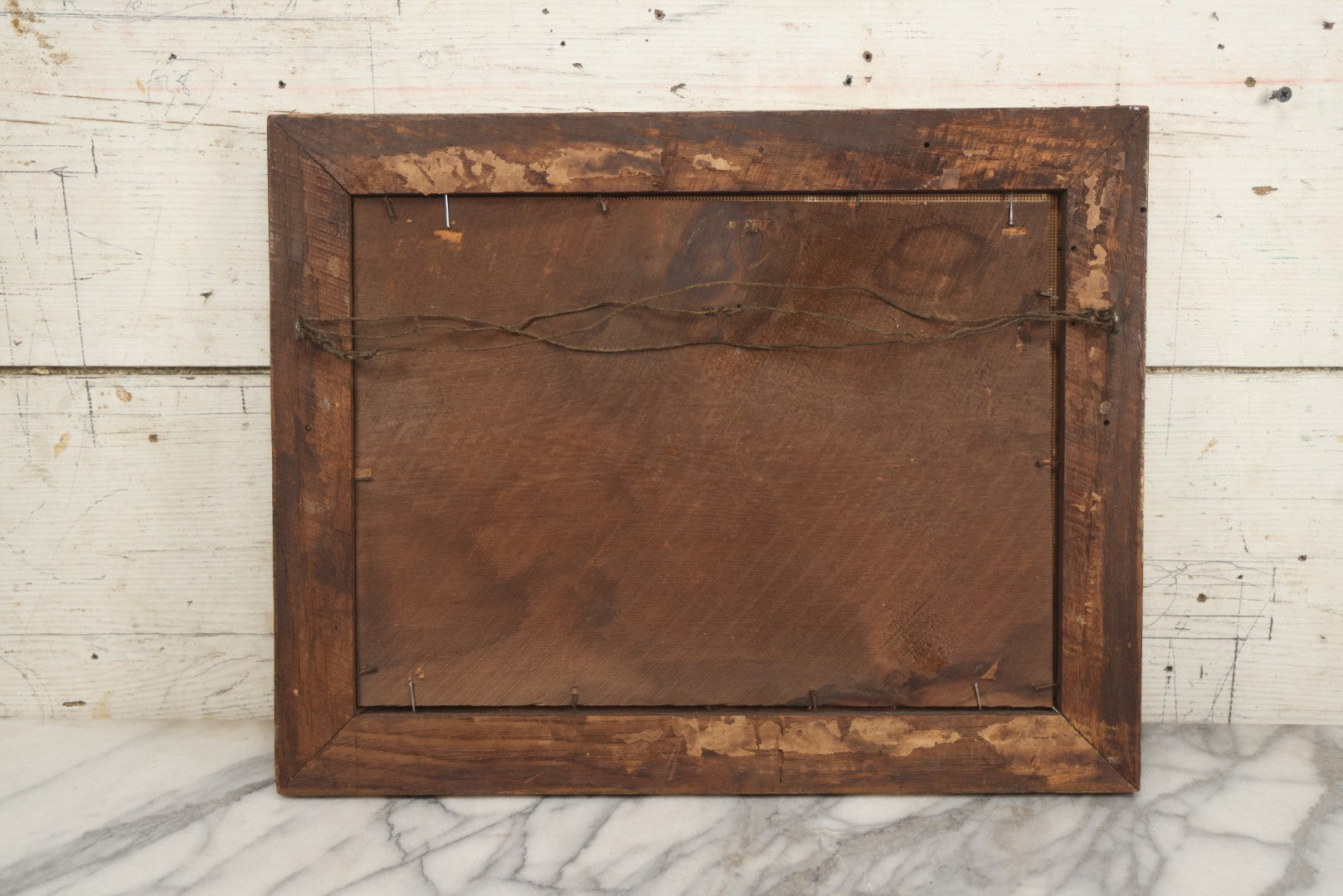 Lot 014 - Antique Punchwork Embroidery Country Scene With Running Dogs In Greek Key Gesso Frame, Note Staining, 18-1/2" x 14-1/2"