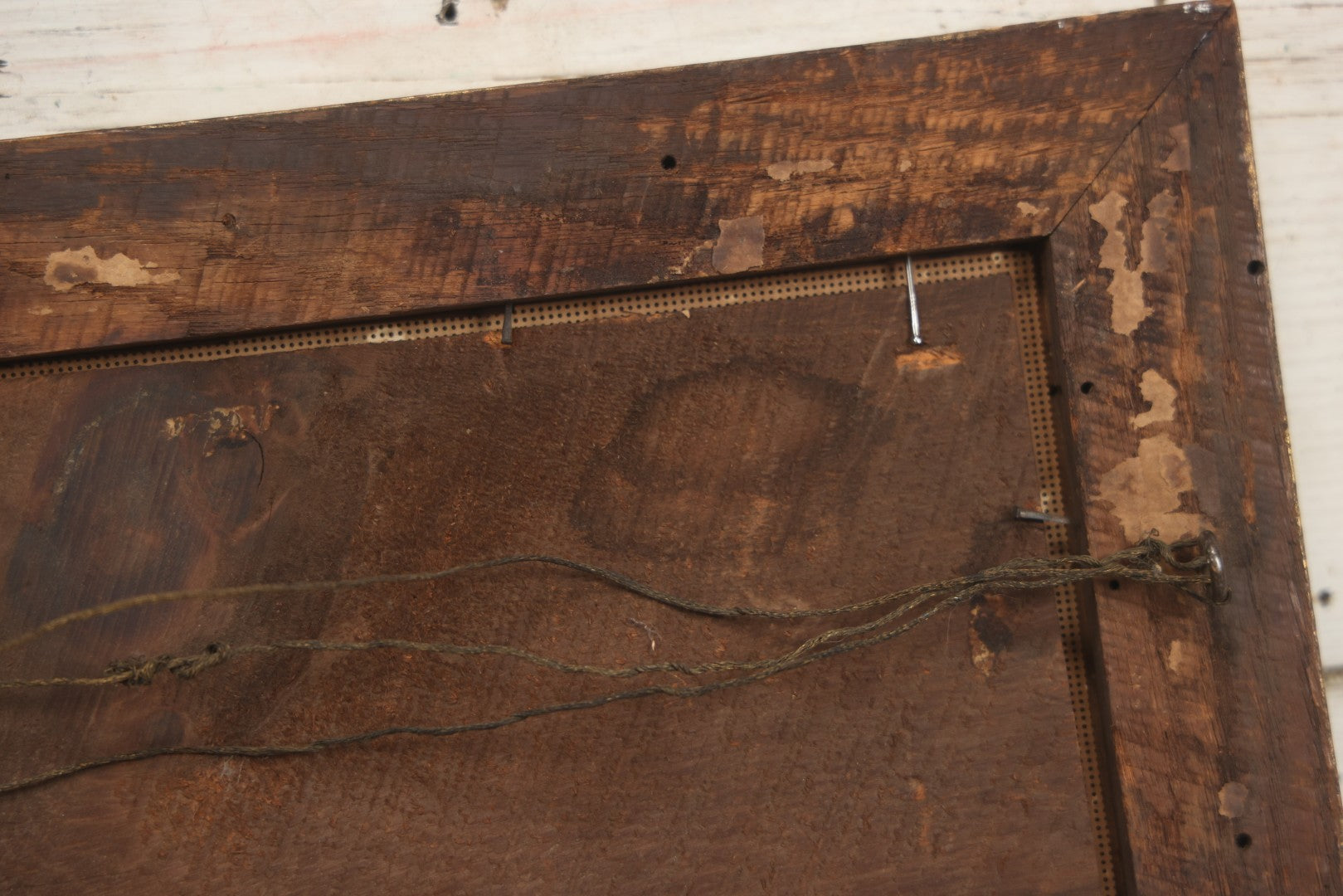 Lot 014 - Antique Punchwork Embroidery Country Scene With Running Dogs In Greek Key Gesso Frame, Note Staining, 18-1/2" x 14-1/2"