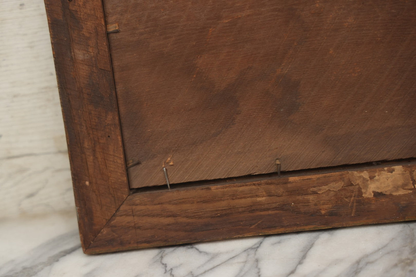 Lot 014 - Antique Punchwork Embroidery Country Scene With Running Dogs In Greek Key Gesso Frame, Note Staining, 18-1/2" x 14-1/2"