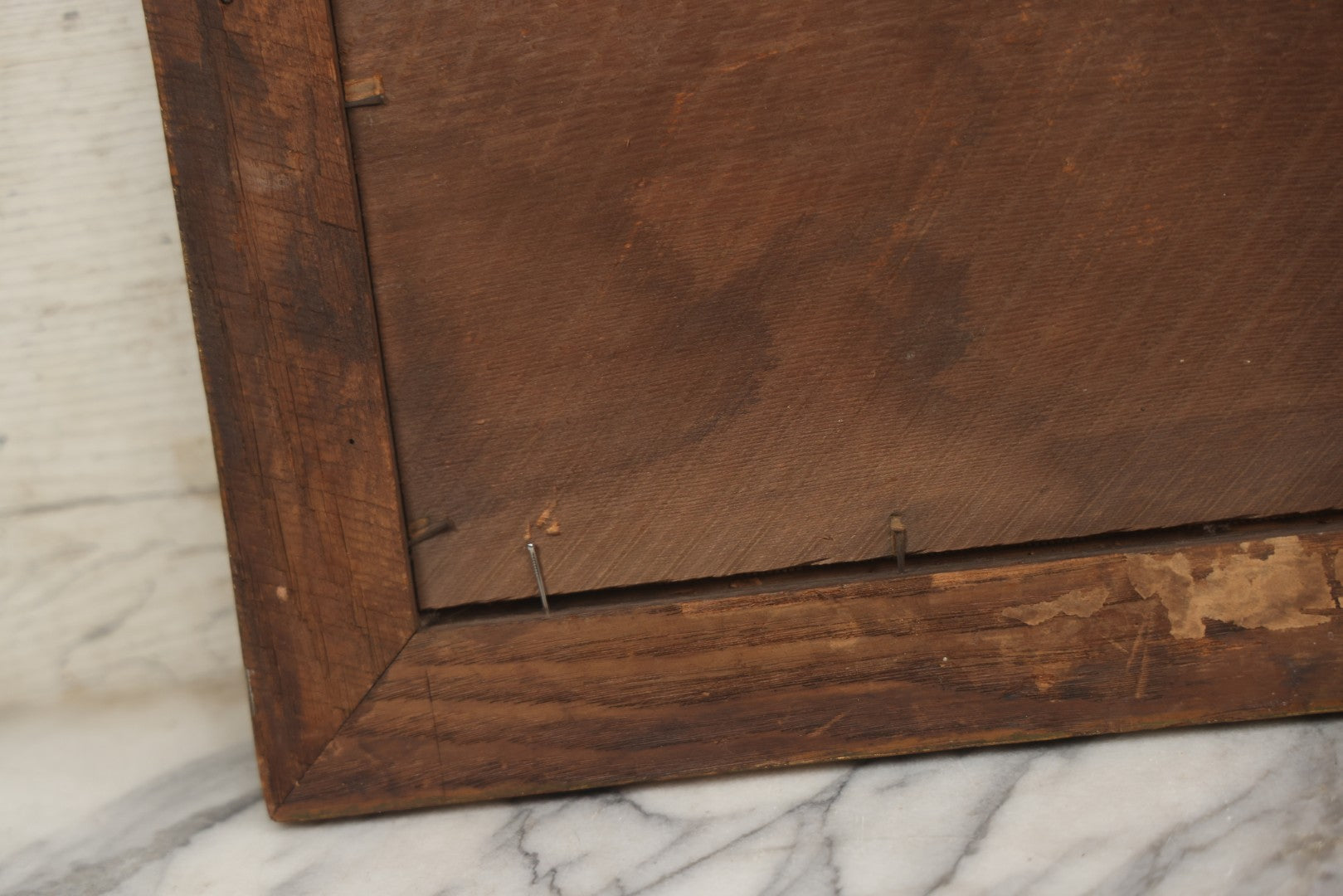 Lot 014 - Antique Punchwork Embroidery Country Scene With Running Dogs In Greek Key Gesso Frame, Note Staining, 18-1/2" x 14-1/2"