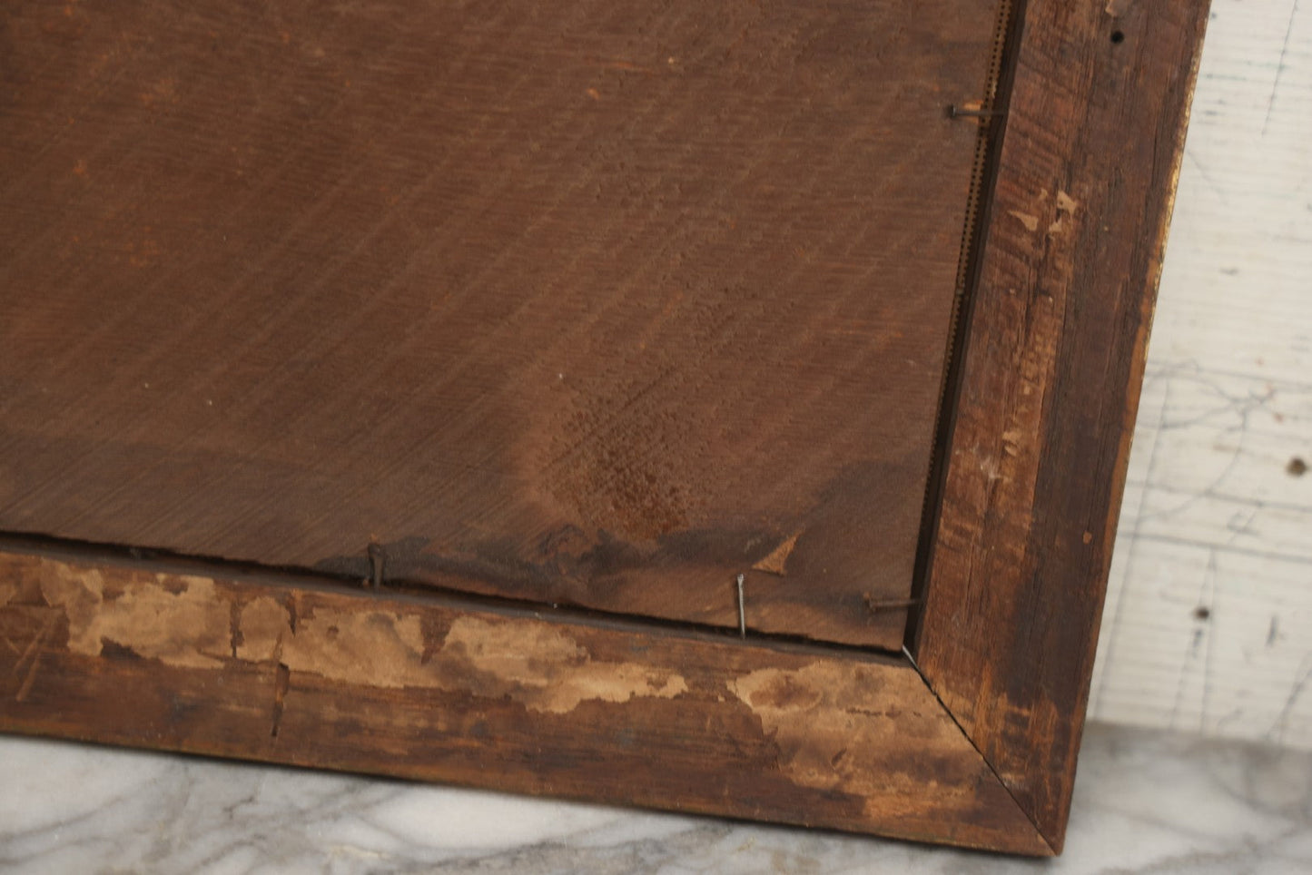 Lot 014 - Antique Punchwork Embroidery Country Scene With Running Dogs In Greek Key Gesso Frame, Note Staining, 18-1/2" x 14-1/2"