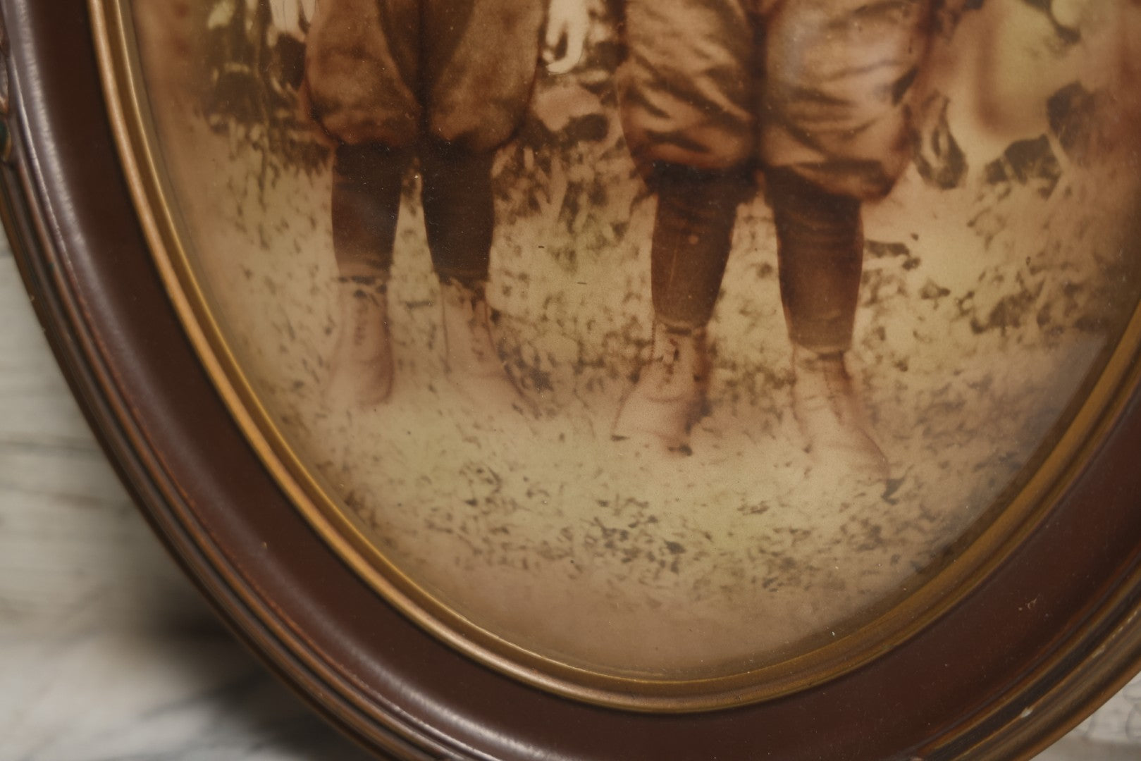 Lot 017 - Antique Sepia Toned Color Tinted Photograph Of Two Brothers In Matching Outfits In Bubble Glass Frame, 14-7/8" x 19-7/8"