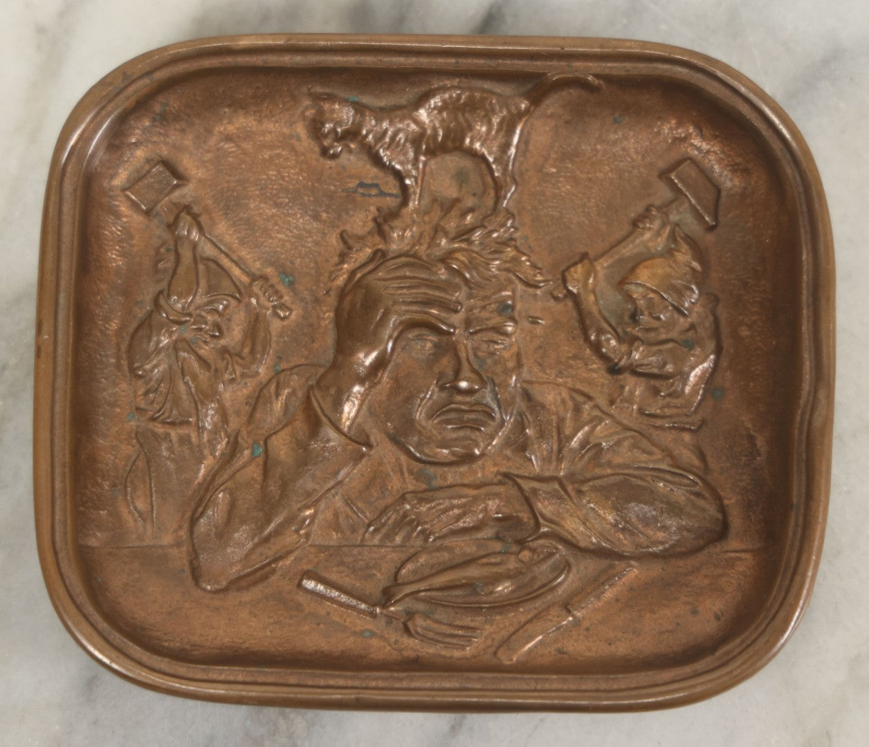Lot 023 - Antique Cast Bronze Relief Tray “The Hangover” With Caricatured Figure And Imps, Circa Early 20th Century