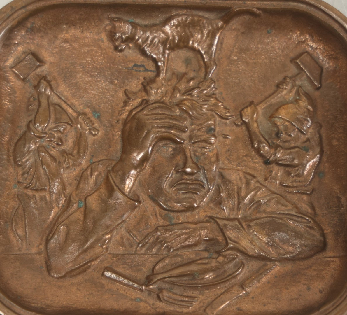 Lot 023 - Antique Cast Bronze Relief Tray “The Hangover” With Caricatured Figure And Imps, Circa Early 20th Century