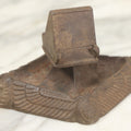 Lot 024 - Antique Cast Iron Egyptian Revival Match Book Holder Ashtray With Winged Scarab, Pharaoh Face Motifs, Marked With Illegible Patent Date, Circa 1920, Note Rust On Bottom