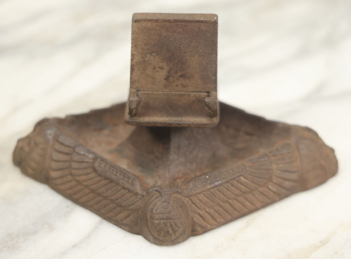 Lot 024 - Antique Cast Iron Egyptian Revival Match Book Holder Ashtray With Winged Scarab, Pharaoh Face Motifs, Marked With Illegible Patent Date, Circa 1920, Note Rust On Bottom