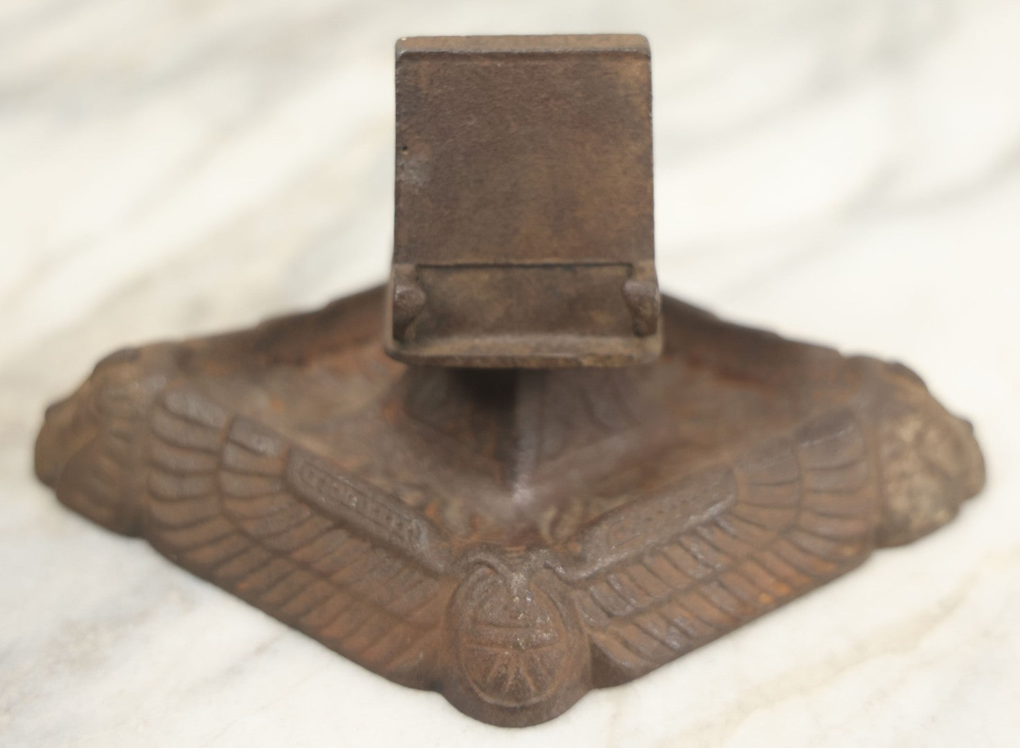 Lot 024 - Antique Cast Iron Egyptian Revival Match Book Holder Ashtray With Winged Scarab, Pharaoh Face Motifs, Marked With Illegible Patent Date, Circa 1920, Note Rust On Bottom
