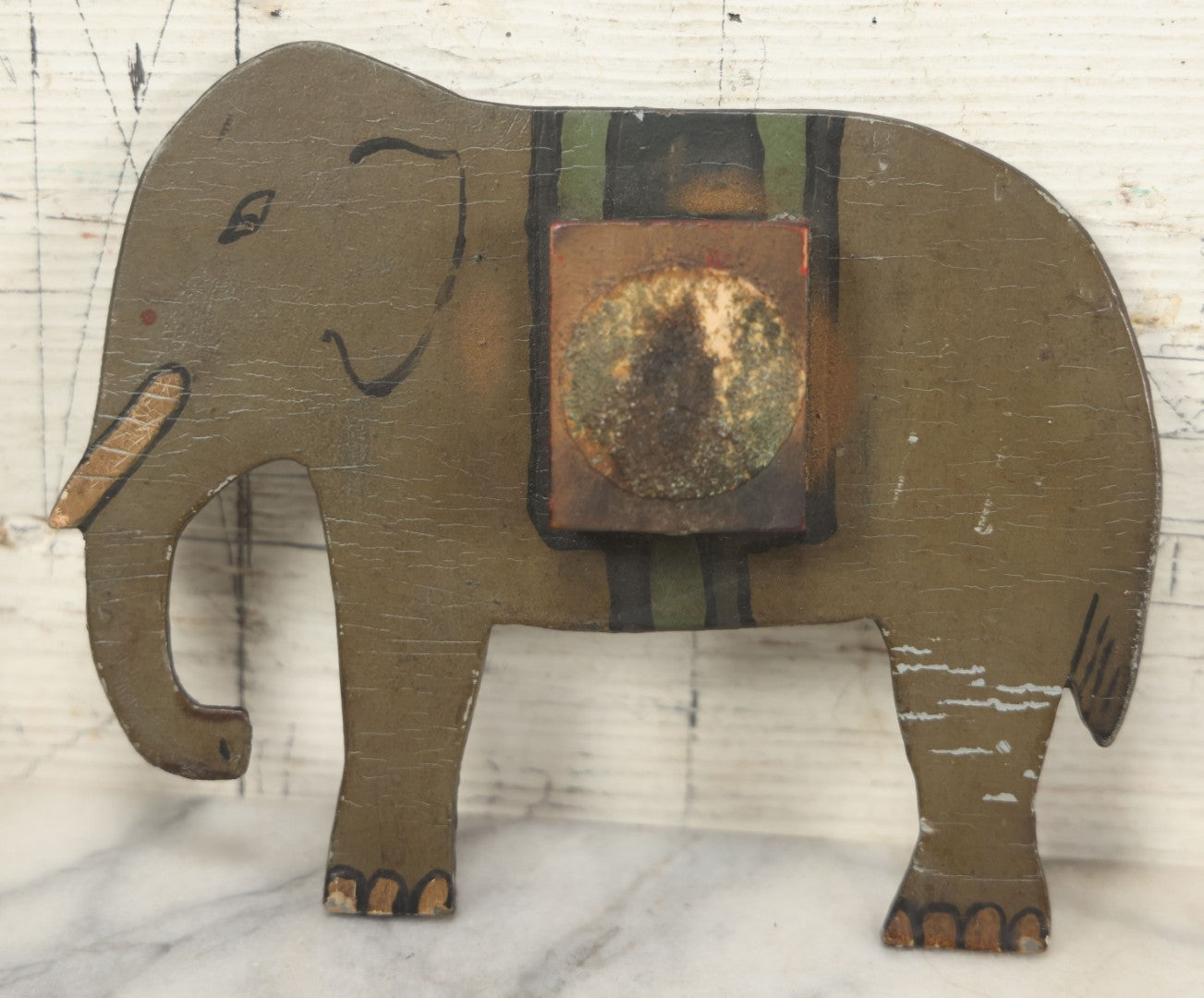 Lot 025 - Antique Folk Art Hand Cut Wooden Painted Elephant Match Safe With Striker