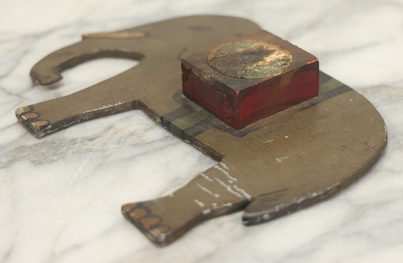 Lot 025 - Antique Folk Art Hand Cut Wooden Painted Elephant Match Safe With Striker