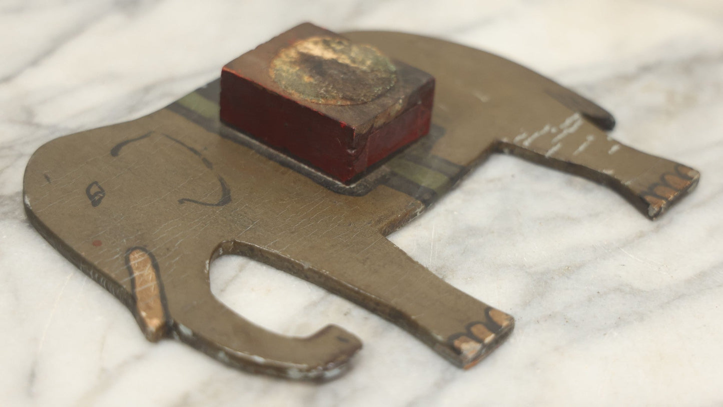 Lot 025 - Antique Folk Art Hand Cut Wooden Painted Elephant Match Safe With Striker