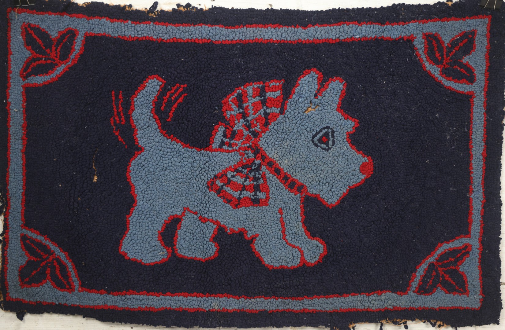 Lot 026 - Antique Folk Art Hooked Rug With Scottie Dog, Blue And Red Coloring, 33-1/2" x 21-1/2"