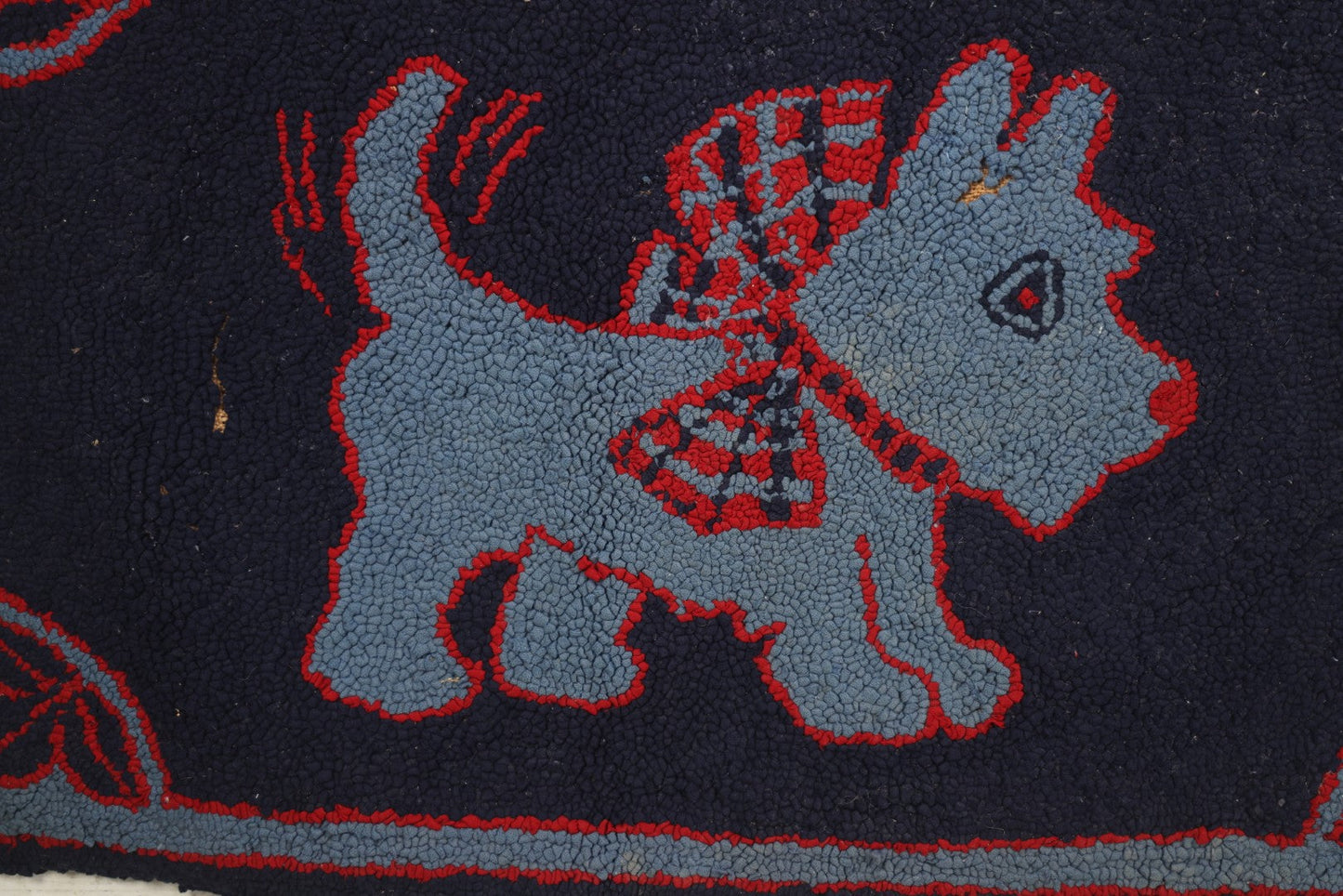 Lot 026 - Antique Folk Art Hooked Rug With Scottie Dog, Blue And Red Coloring, 33-1/2" x 21-1/2"