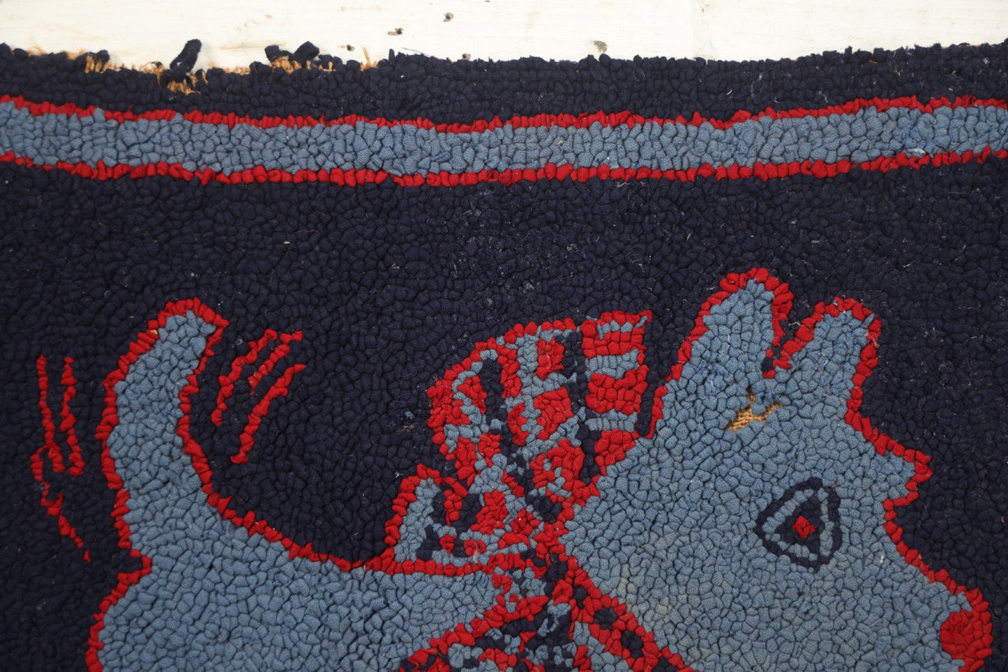 Lot 026 - Antique Folk Art Hooked Rug With Scottie Dog, Blue And Red Coloring, 33-1/2" x 21-1/2"