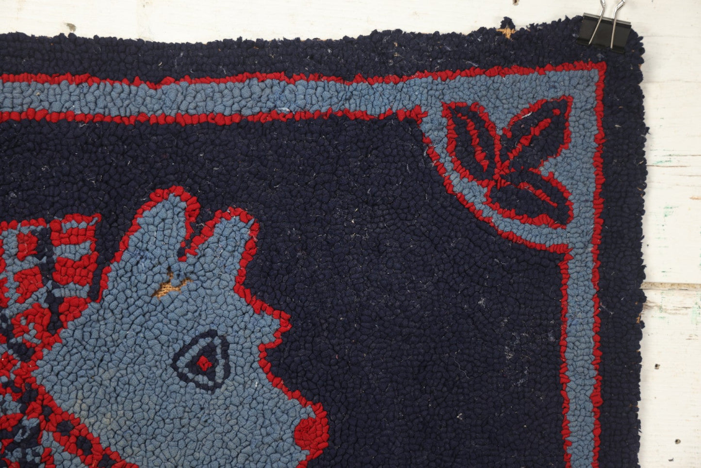 Lot 026 - Antique Folk Art Hooked Rug With Scottie Dog, Blue And Red Coloring, 33-1/2" x 21-1/2"