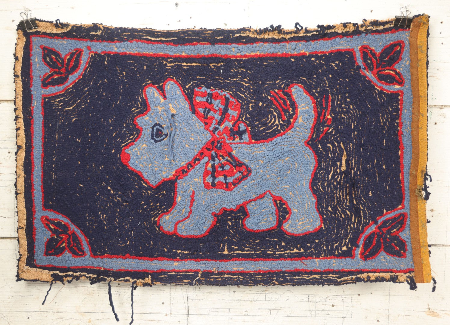 Lot 026 - Antique Folk Art Hooked Rug With Scottie Dog, Blue And Red Coloring, 33-1/2" x 21-1/2"