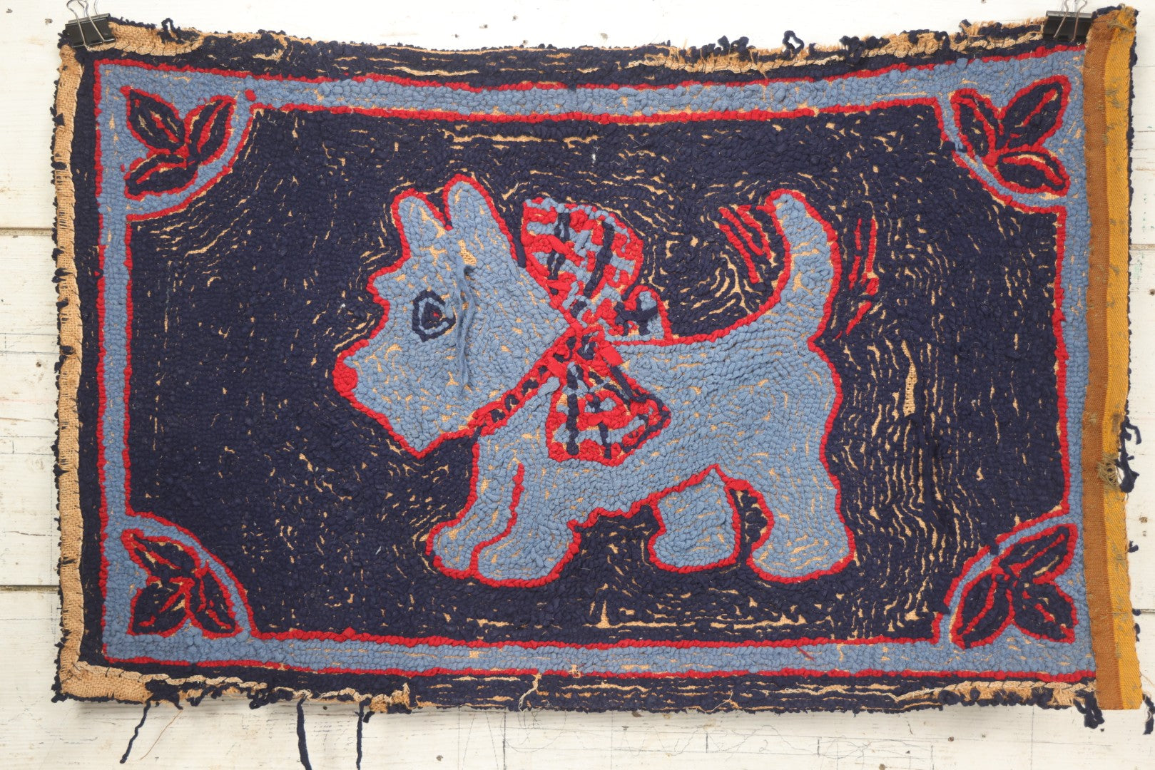 Lot 026 - Antique Folk Art Hooked Rug With Scottie Dog, Blue And Red Coloring, 33-1/2" x 21-1/2"