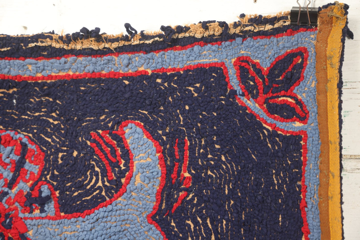 Lot 026 - Antique Folk Art Hooked Rug With Scottie Dog, Blue And Red Coloring, 33-1/2" x 21-1/2"