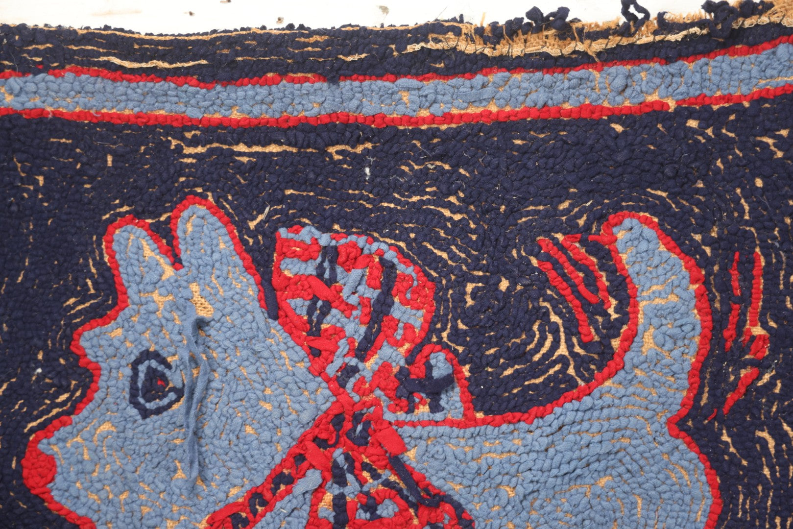 Lot 026 - Antique Folk Art Hooked Rug With Scottie Dog, Blue And Red Coloring, 33-1/2" x 21-1/2"