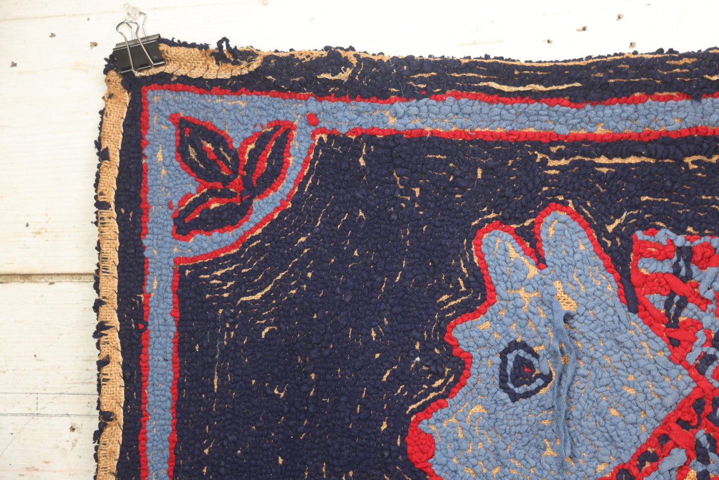 Lot 026 - Antique Folk Art Hooked Rug With Scottie Dog, Blue And Red Coloring, 33-1/2" x 21-1/2"