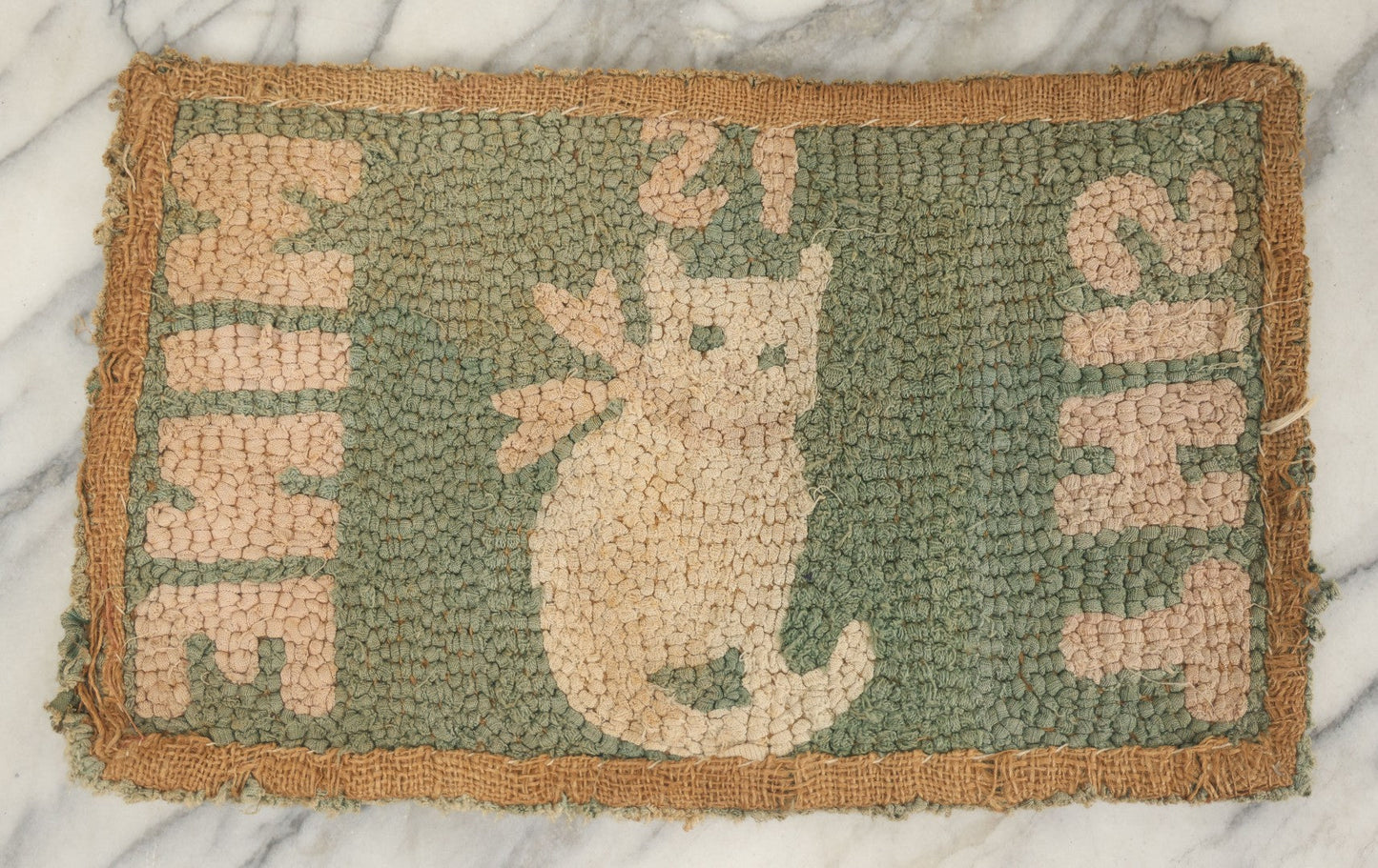 Lot 027 - Antique Hooked Rug Mat With Cat And "This Is Mine" Motto, Note Dirty, 17-1/4" x 10-3/4"