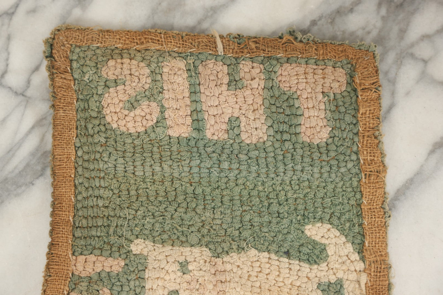 Lot 027 - Antique Hooked Rug Mat With Cat And "This Is Mine" Motto, Note Dirty, 17-1/4" x 10-3/4"