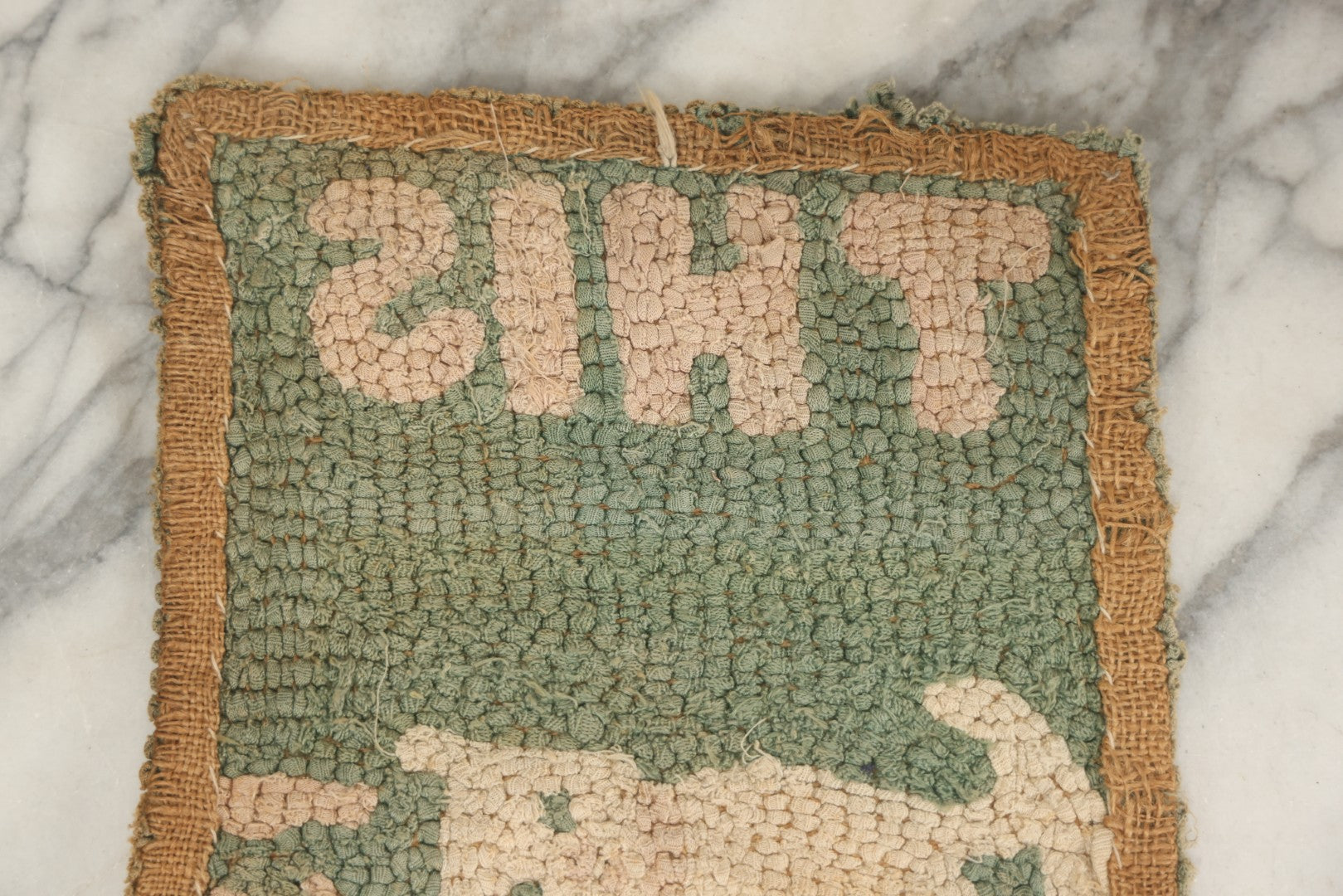 Lot 027 - Antique Hooked Rug Mat With Cat And "This Is Mine" Motto, Note Dirty, 17-1/4" x 10-3/4"