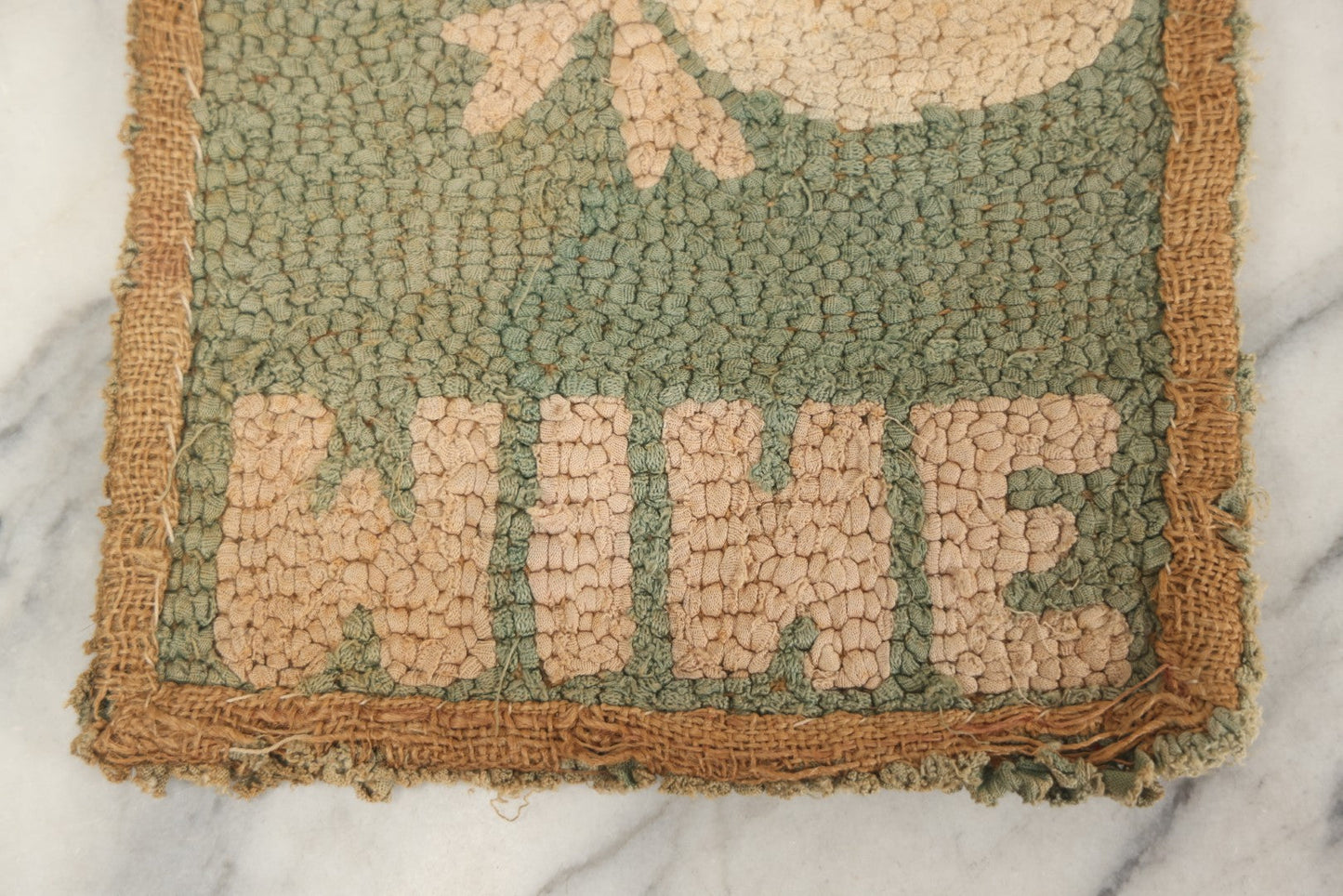Lot 027 - Antique Hooked Rug Mat With Cat And "This Is Mine" Motto, Note Dirty, 17-1/4" x 10-3/4"