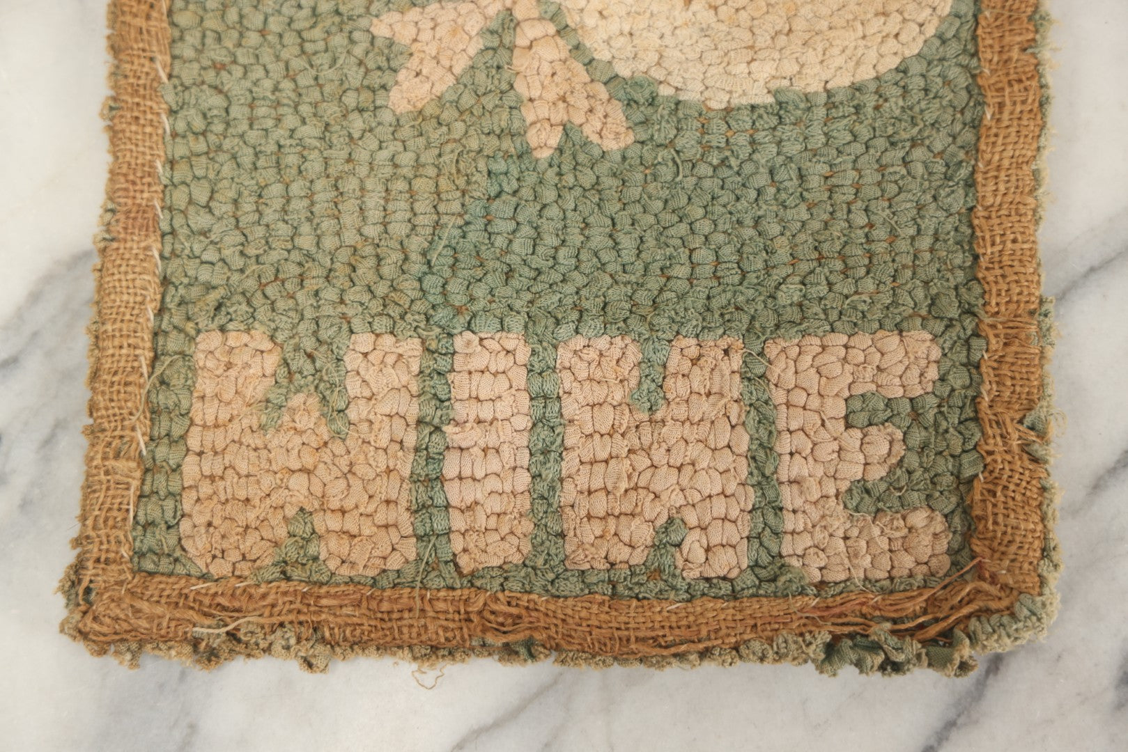 Lot 027 - Antique Hooked Rug Mat With Cat And "This Is Mine" Motto, Note Dirty, 17-1/4" x 10-3/4"