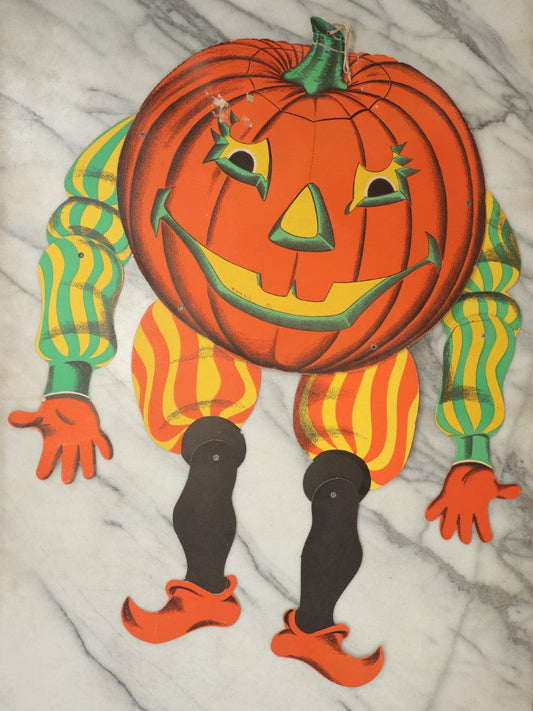 Lot 033 - Vintage Beistle Jointed Die-Cut Dancing Pumpkin Jack O'Lantern Man Halloween Decoration, Made In U.S.A.
