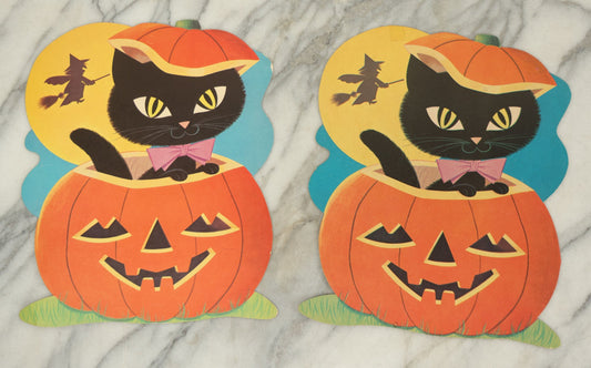 Lot 034 - Pair Of Vintage Halloween Die-Cut Decorations With Black Kittens In Jack O'Lanterns And Witch Flying In Background, Circa 1990