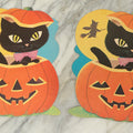 Lot 034 - Pair Of Vintage Halloween Die-Cut Decorations With Black Kittens In Jack O'Lanterns And Witch Flying In Background, Circa 1990