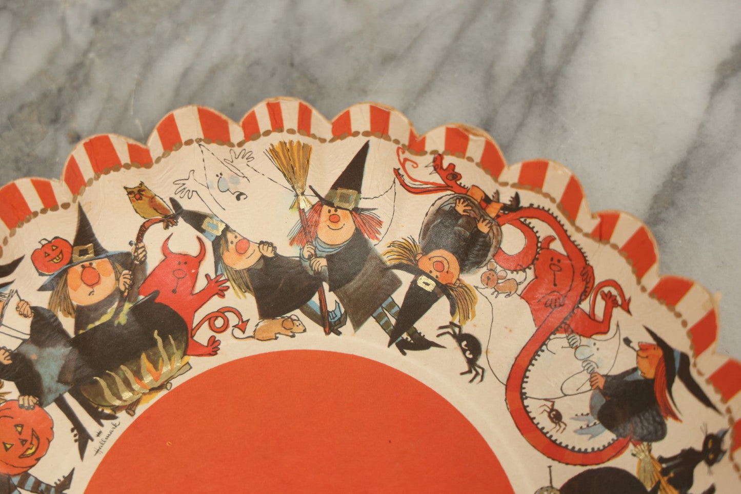Lot 040 - Vintage Hallmark Paper Candy Bowl With Cartoon Witches, Devils, Snakes, Owls, And Black Cats, Printed In Western Germany, Item No. H.D.P. 6-5, 11" Diameter