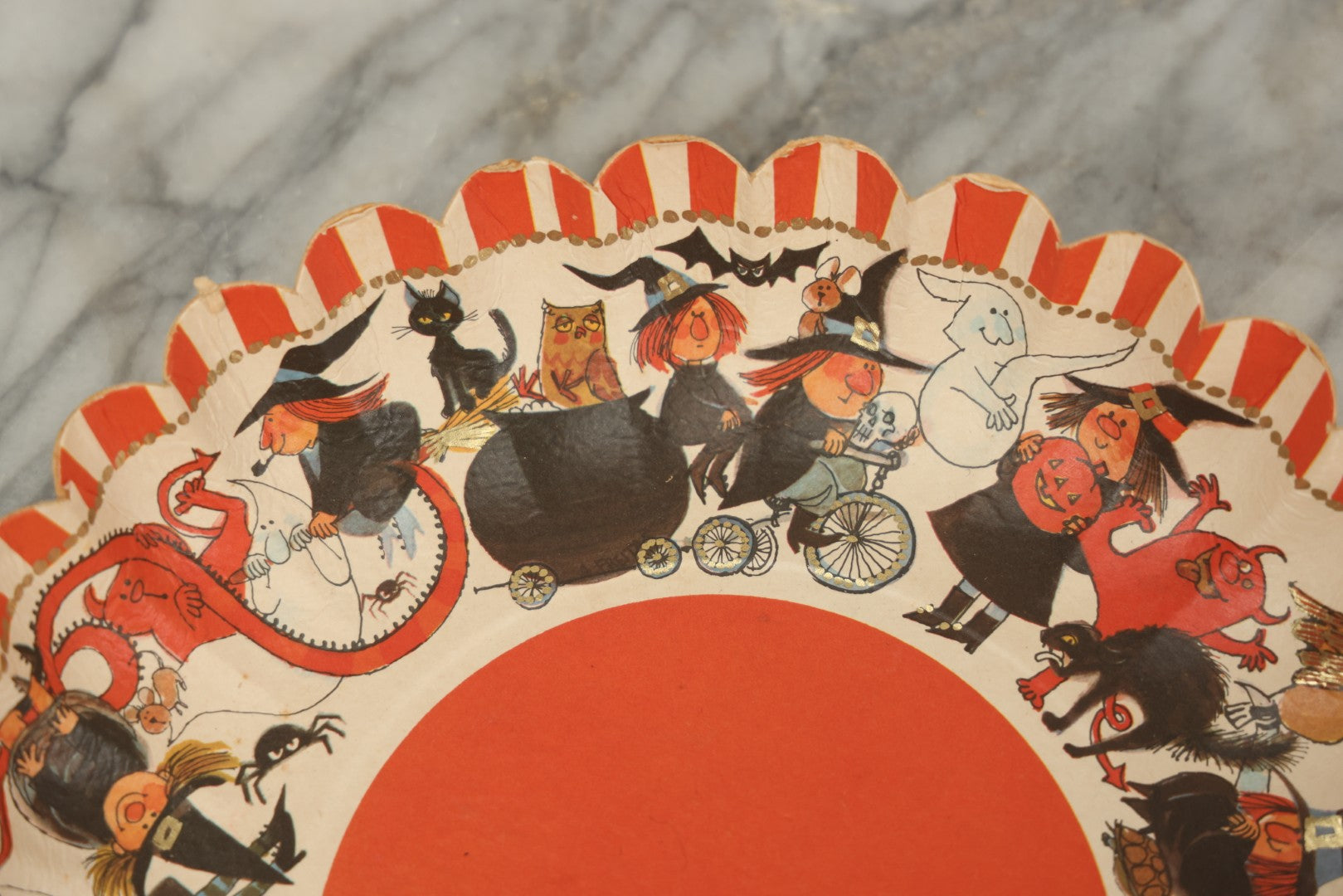 Lot 040 - Vintage Hallmark Paper Candy Bowl With Cartoon Witches, Devils, Snakes, Owls, And Black Cats, Printed In Western Germany, Item No. H.D.P. 6-5, 11" Diameter