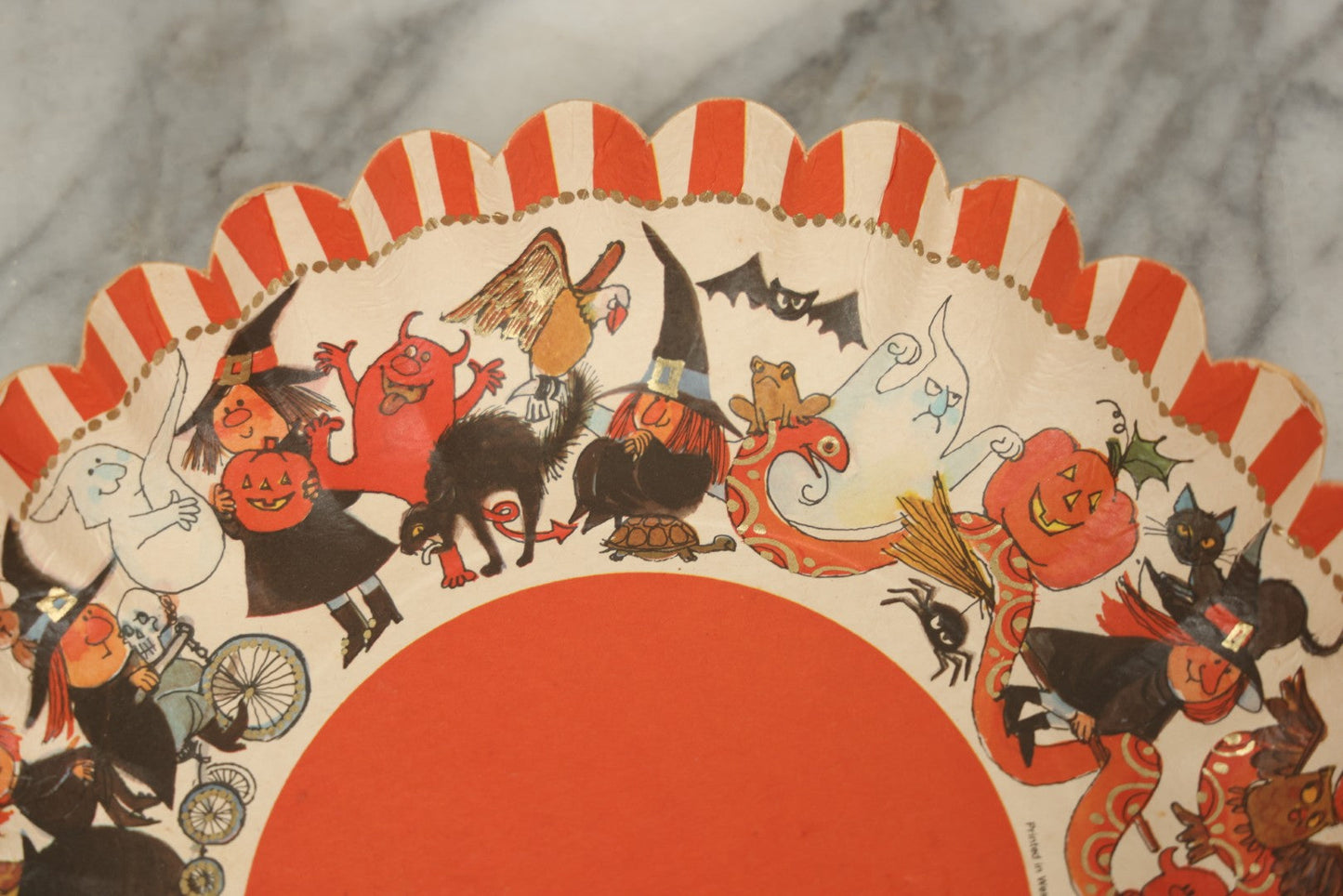 Lot 040 - Vintage Hallmark Paper Candy Bowl With Cartoon Witches, Devils, Snakes, Owls, And Black Cats, Printed In Western Germany, Item No. H.D.P. 6-5, 11" Diameter