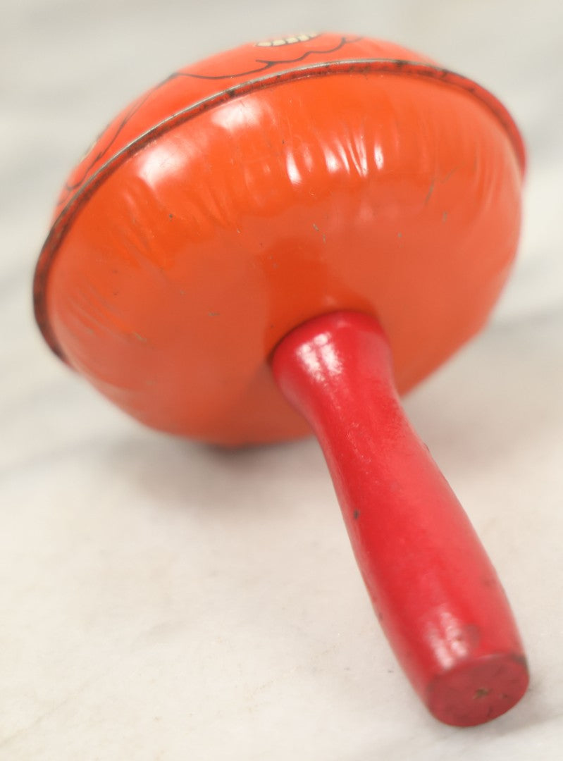 Lot 042 - Vintage Round Tin Lithograph Halloween Rattle Noisemaker With Jack-O'-Lantern Pumpkins Design