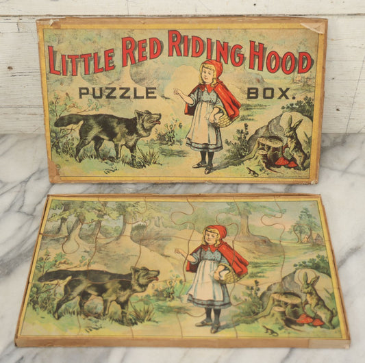 Lot 045 - Antique Little Red Riding Hood Puzzle Box With Three Lithographed Puzzles, Milton Bradley Co., Springfield Massachusetts, Circa 1895, Complete