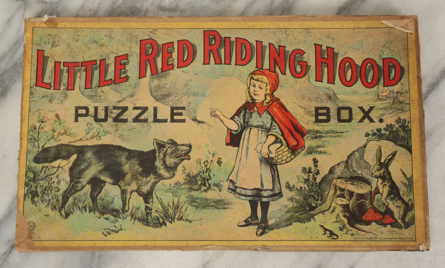 Lot 045 - Antique Little Red Riding Hood Puzzle Box With Three Lithographed Puzzles, Milton Bradley Co., Springfield Massachusetts, Circa 1895, Complete