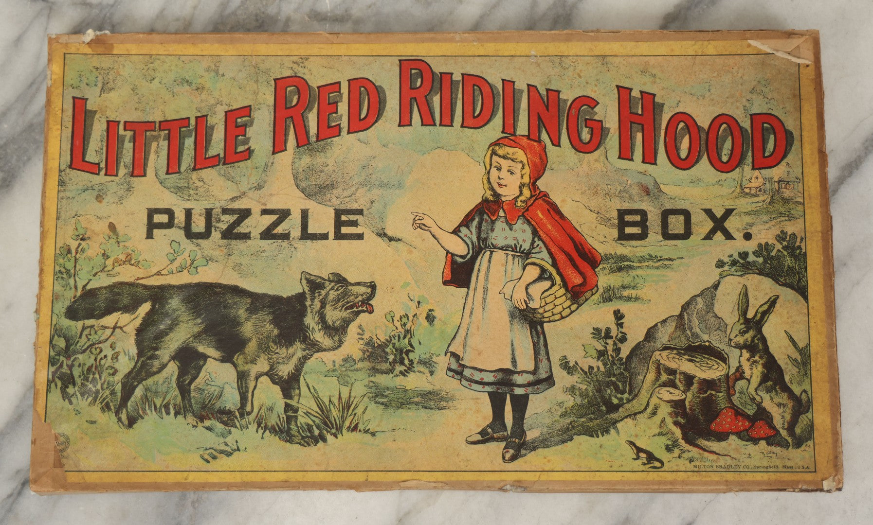 Lot 045 - Antique Little Red Riding Hood Puzzle Box With Three Lithographed Puzzles, Milton Bradley Co., Springfield Massachusetts, Circa 1895, Complete