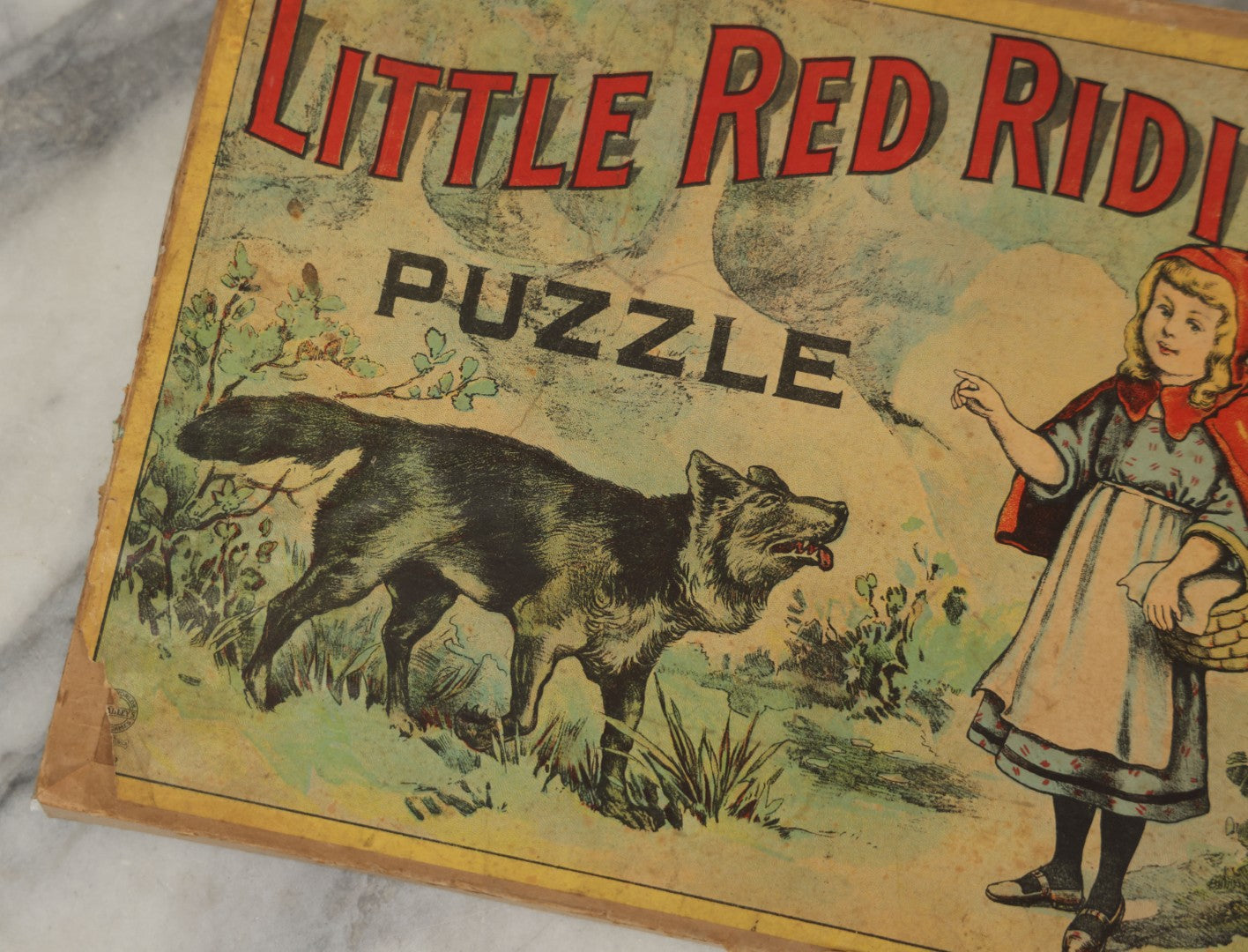 Lot 045 - Antique Little Red Riding Hood Puzzle Box With Three Lithographed Puzzles, Milton Bradley Co., Springfield Massachusetts, Circa 1895, Complete