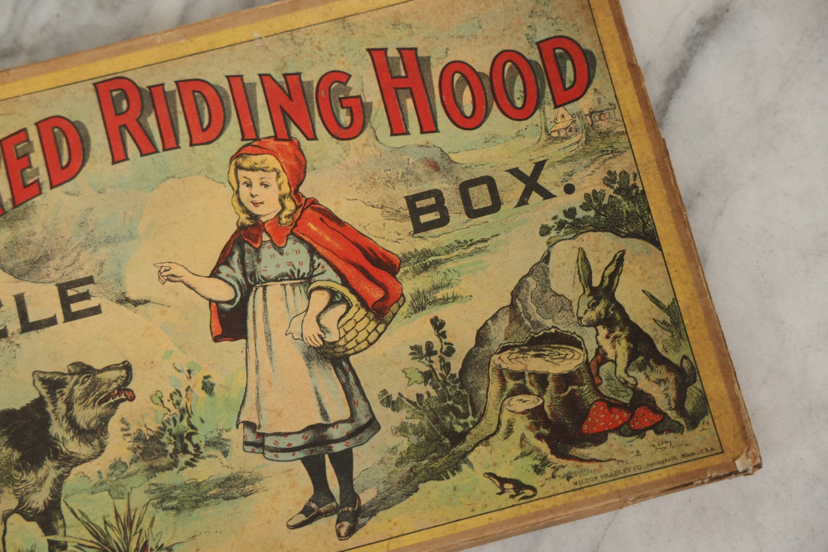Lot 045 - Antique Little Red Riding Hood Puzzle Box With Three Lithographed Puzzles, Milton Bradley Co., Springfield Massachusetts, Circa 1895, Complete